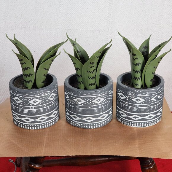 Faux Plants in Grey Tribal Print Faux Cement Pots Set of 3 4"Wx9"H - Picture 6 of 16